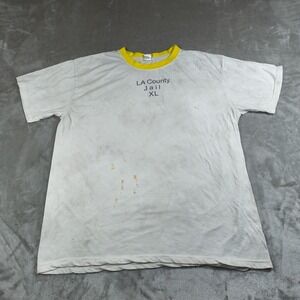 Vintage LA County Jail Ringer Shirt Mens XL White Yellow Distressed Thrashed Y2K